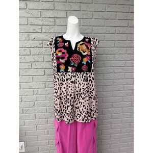 Savanna Jane Woman Embroidered Floral Animal Print Short Sleeve Blouse Size M